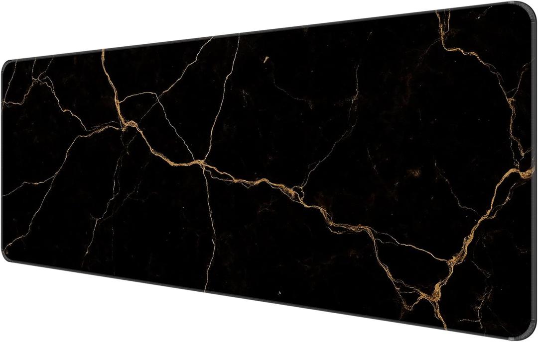 Dynippy Thin Extended Gaming Mouse Pad 31.5 * 11.8 * 0.08 inch with Stitched Edges Large Mousepad Long XXL Keyboard and Mouse pad Desk Mat for Gaming Office & Home - Black Gold Marble