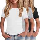 3 Pack Girls Boat Neck Tops | Short Sleeve, Slim Fit, Side Ruched, Casual, Summer, Cute, Basic, Kids, School, Play, for Girls