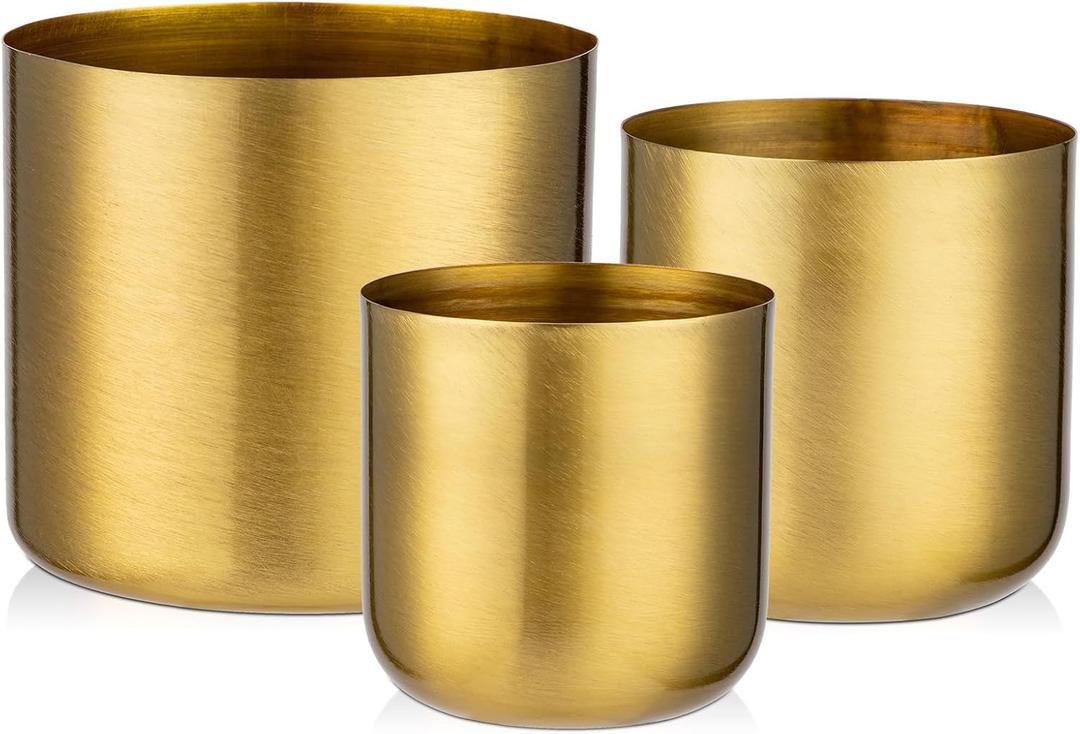 Briful Small Gold Metal Vases 3 Packs Decorative Accent Planter Pots for Herbs Flowers, Modern Contemporary Design Stainless Steel Buckets for Wedding Farmhouse, Dia. 4.1in/4.7in/5.9in