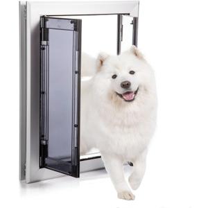 Premium Large Dog Door, Aluminum Pet Door with Double Panels, Doggie Door with Automatic Closing Magnetic Flaps, Slide-in Panel & 4 Security Locks, Weather Resistant & Durable Use, Large