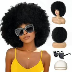 Colored Afro Wigs for Women Men 70s and Disco Sunglasses Set, Funny Wig with Curly Bouncy Huge Fluffy Puff and Oversize Retro Rhinestone Sunglasses - for Costume Cosplay Party (Black)