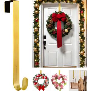 12" Metal Wreath Hanger for Front Door Non-Scratch, Damage-Free Wreath Hanger Heavy Duty, Over-the-Door Hooks for Hanging Welcome Sign, Wreath Holder for Easter, Halloween, Fall, Christmas Decorations (Gold)