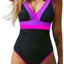 popvil One Piece Swimsuits for Women 2026 Tummy Control Neon Bathing Suit with Adjustable Strap (L)