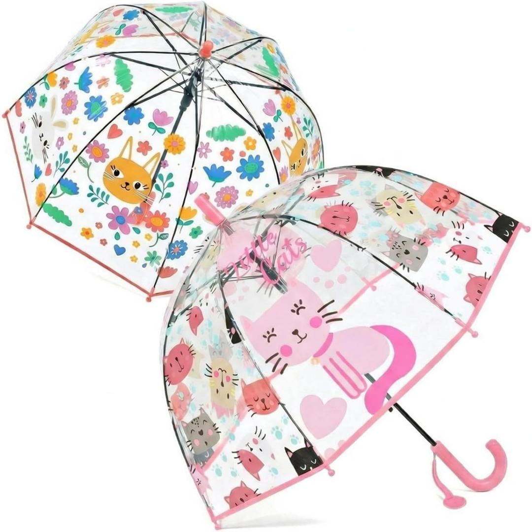 Fabbay 2 Pcs Kids Clear Bubble Umbrella with Easy Grip Curved Handle Transparent Bubble Umbrella for Toddler Girls, Under 6 Years Old