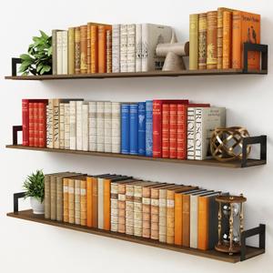 Harwaya Large Floating Shelves for Wall 48 Inches Long Set of 3, Rustic Wood Wall Bookshelf for Living Room Bedroom Books, Heavy Duty Hanging Storage Shelf for Laundry Room (Dark Brown)