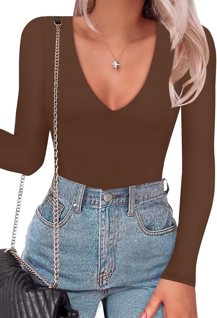 SAUNGKUAI Women's Plunge Deep V Neck Long Sleeve Bodysuit Double Lined Thong Body Suit Shirt Tops (X-Large, Brown)