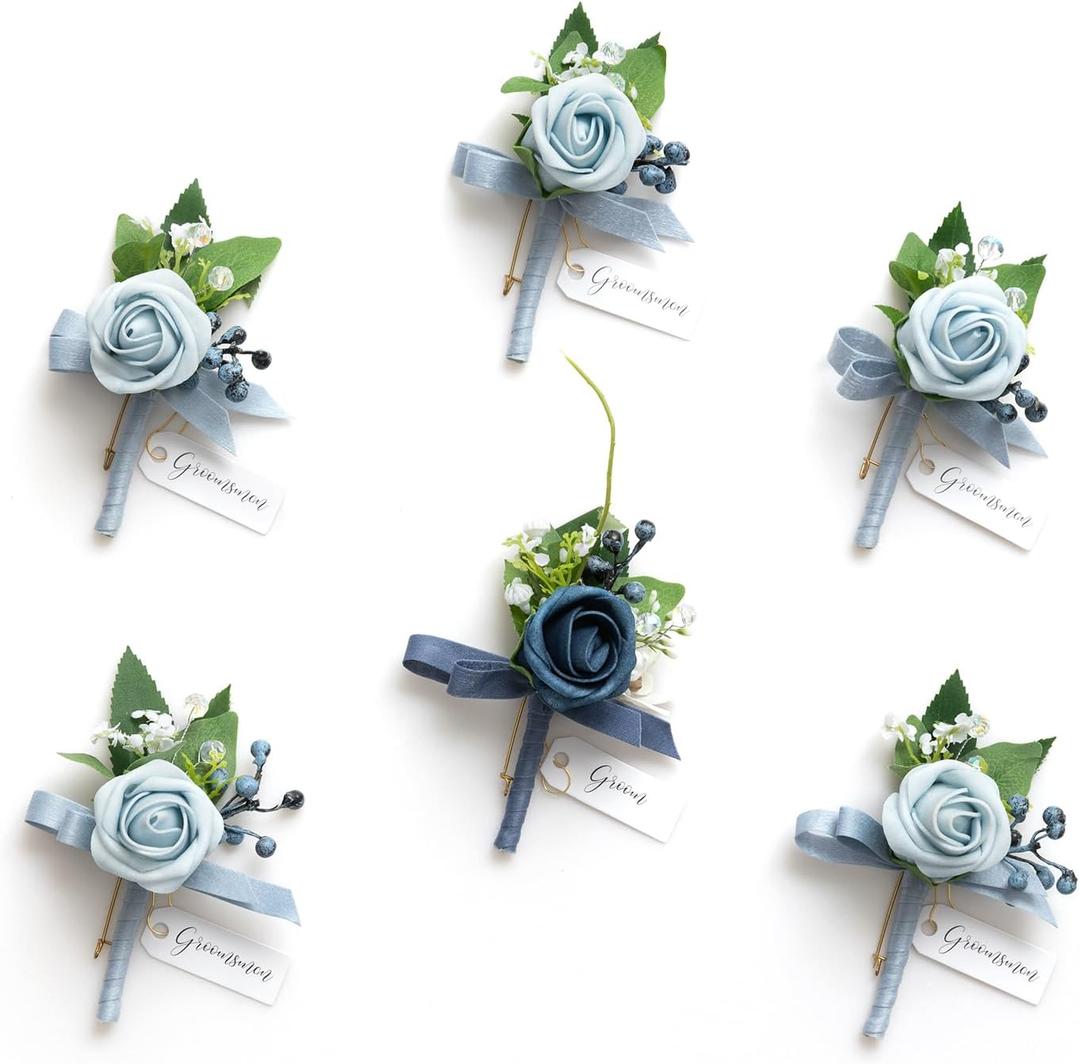 Ling's Moment Boutonniere for Men, 6pcs Groom Groomsmen Boutonniere with Built-in Pins, Artificial Flowers for Wedding Decor/Prom/Homecoming, etc.Dusty Blue Light Blue