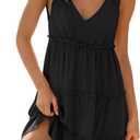 ZESICA Womens 2026 Summer Casual V Neck Sleeveless Mini Dress Tie Shoulder Tiered Ruffle Swing A Line Short Sundresses (Black, S)