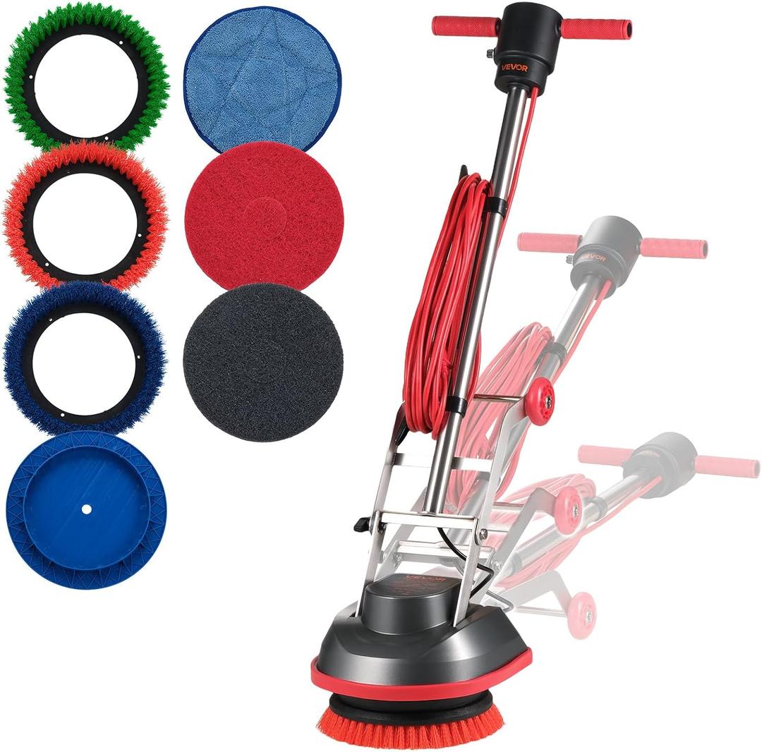 VEVOR Commercial Floor Scrubber Machine, Heavy Duty Floor Cleaner Polisher with 2 Wheels, Professional Electric Carpet Buffer, Max 1900 RPM, 43 FT Cord, 3 Pads & 3 Brushes - All Floor Surfaces