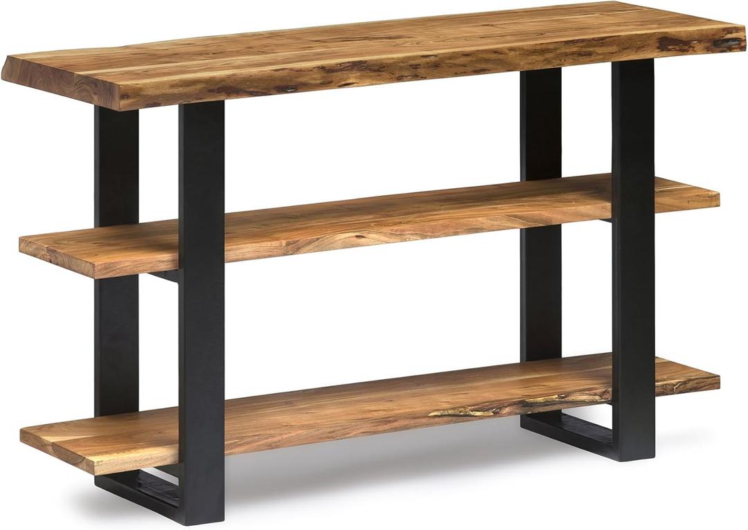 Alpine Natural Live Edge Acacia Wood Media Console Table with Black Metal Accents, Modern Industrial Update for Living Room, Subtle Imperfections, Clear Natural Finish
