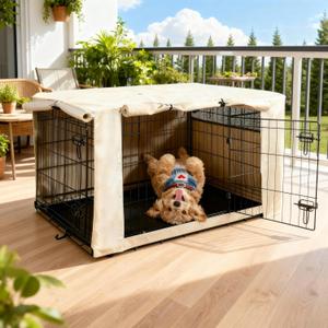 HiCaptain Dog Crate Cover 30.0" L x 19.0" W x 21.0" H with Breathable Mesh, Durable Heavy Duty Kennel Cover, Dual Zippered Panels, Windproof Waterproof UV-Resistant(Beige)