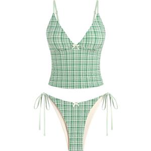 ZAFUL Women's Spaghetti Strap Tankini Swimsuits V Neck Tummy Control Tie Side Thong Bikini Swimsuits 2 Piece Bathing Suits (Green, L)