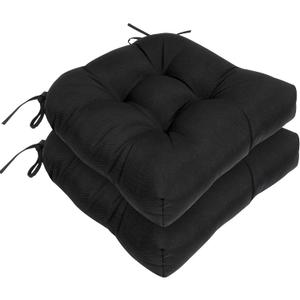 RACE LEAF Outdoor Cushions 19" x 19" Patio Chair Seat Pads, Set of 2 Thick Fill Tufted Square Patio Cushions, Water-Resistant Olefin Chair Seat Cushion with Ties for Non-Slip Support, Black