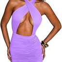 Women's Sexy Criss Cross Halter Tie Up Backless Drawstring Ruched Bodycon Mini Club Party Dress size M