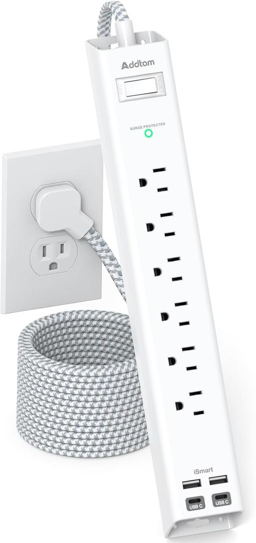 Extension Cord 10 ft - Long Power Strip Surge Protector, 6 AC Outlet 4 USB (2 USB C), Flat Plug, Wall Mount, Multi Plug Outlet Extender Desk Charging Station for Home Office Dorm Room Essentials
