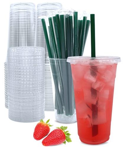 24 oz Clear Plastic Cups with Lids and Straws, Disposable Coffee Cups 10 Sets