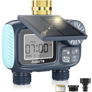 Solar Sprinkler Timer,Brass Inlet Hose Timer for Garden Hose,Programmable Water Timers,Plant Watering Devices,Garden Watering System, Rain Delay/Manual/Automatic Irrigation System, 2 Outlet