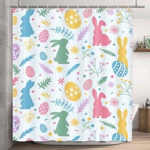 Homewelle Happy Easter Shower Curtain Multicolor Cute Rabbit and Egg Farmhouse Spring Plant Flower Leaves Floral Bunny 60Wx72H Inch Funny Cartoon Waterproof Polyester Fabric Bathroom Bathtub
