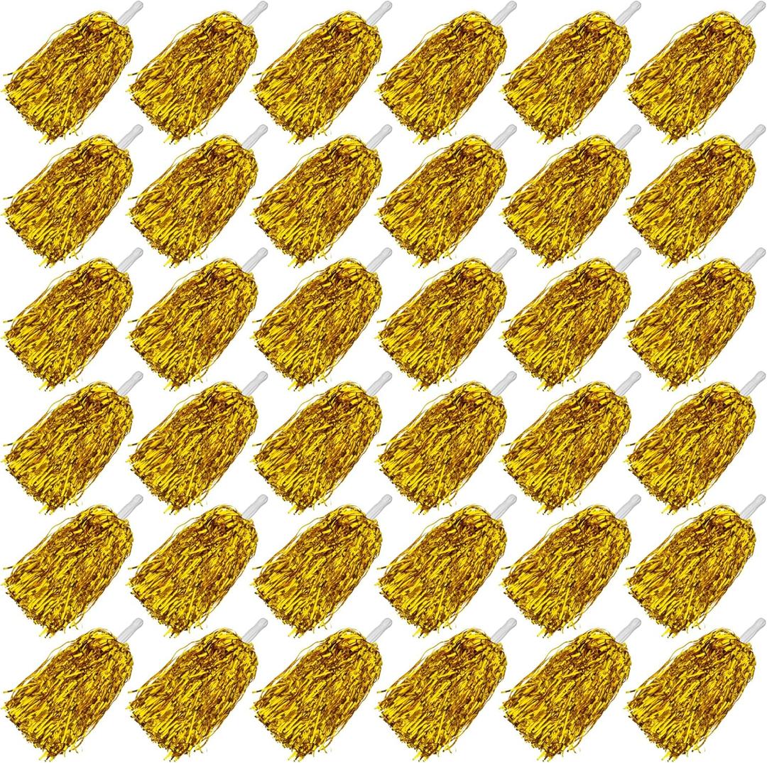 36PCS Cheerleading Pom Poms with Metallic Foil Plastic Baton Handle for Game Sports Squads Dancing Football Basketball Club Spirit Sports Stage Performance Celebration (Gold)