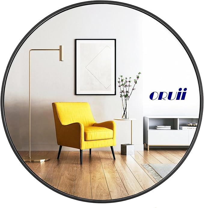 oruii Round Mirror, Black Round Mirror 24 inch, Round Wall Mirror, Round Bathroom Mirror, Circle Mirrors for Wall, Living Room, Bedroom, Vanity, Entryway, Hallway.