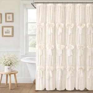 XOGUIBO Farmhouse Bows Shower Curtain Cute Vintage Ruffle Shower Curtains for Bathroom,Cream,72" W x 84" L