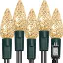 WATERGLIDE C6 Christmas Lights, 33ft 100 LED Faceted String Lights Green Wire Fairy Lights with 29V Safe Adaptor, 8 Lighting Mode, Waterproof for Indoor Outdoor Patio Xmas Tree Party Decor, Warm White