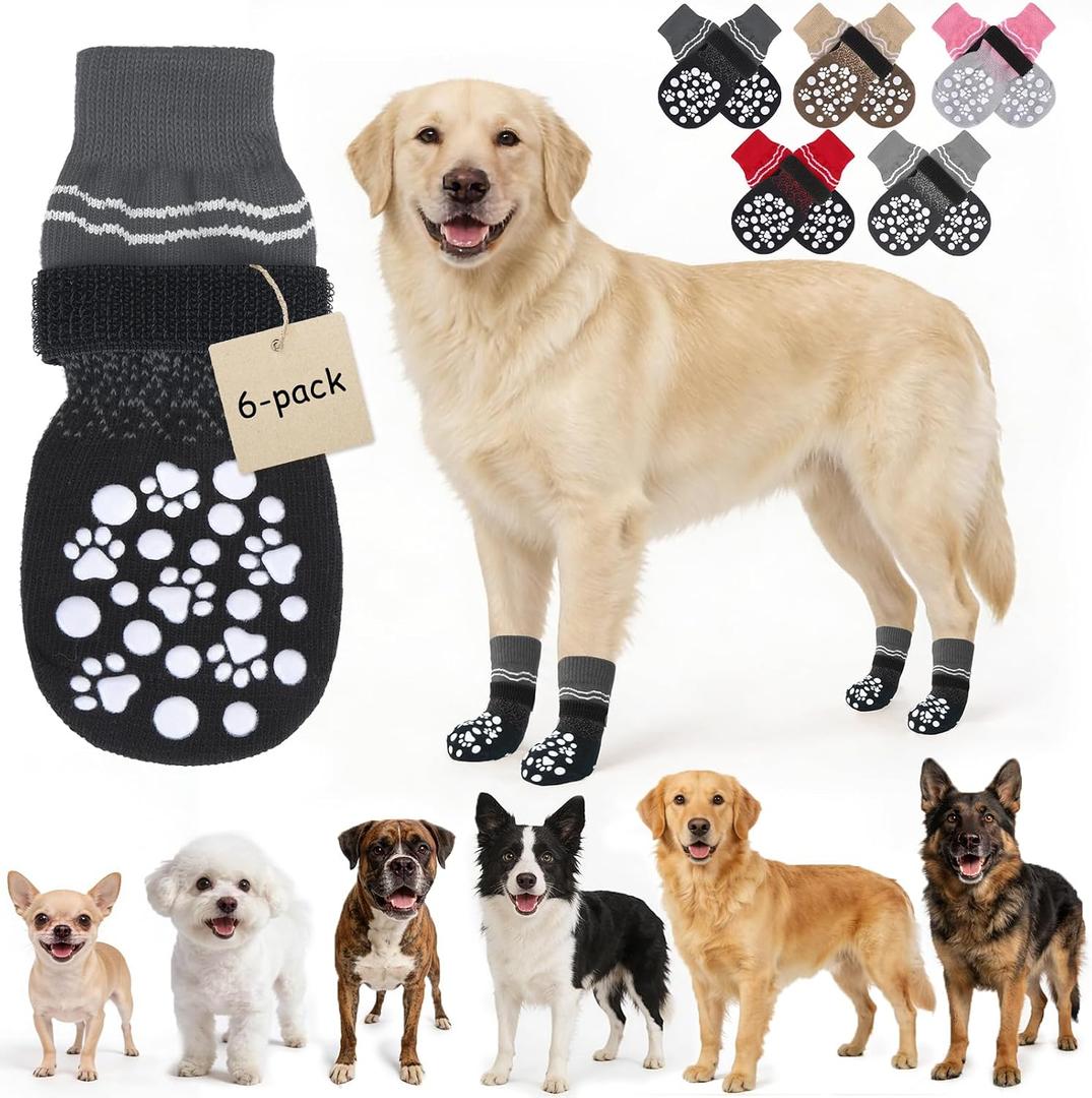 BINGPET 6PCS Dog Socks to Prevent Licking Paws with Grippers for Hardwood Floors Anti Slip, Winter Pet Shoes Booties, Extra-Thick Grip Dog Boots & Paw Protectors for Small Medium Large Senior Dogs, M