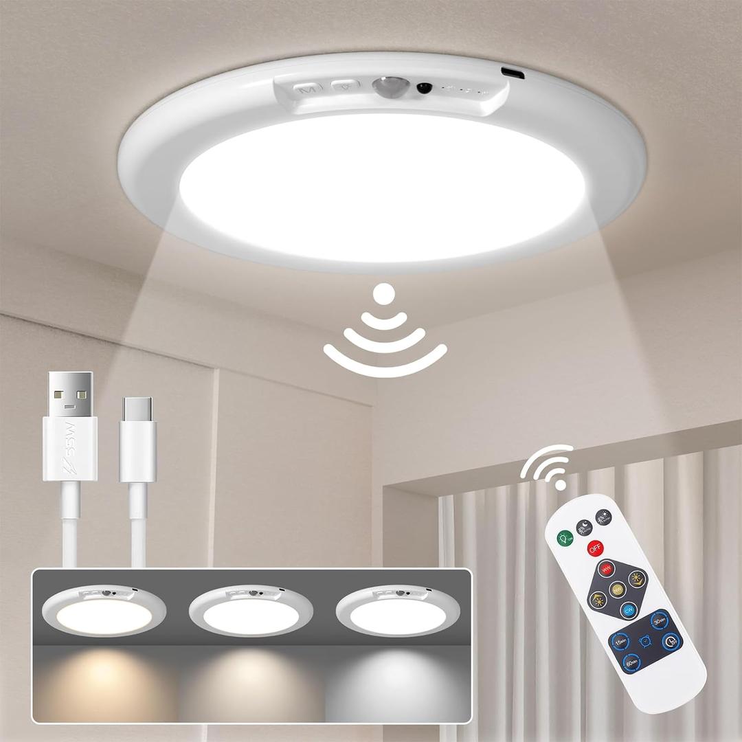 LINEWAY Rechargeable Motion Sensor Ceiling Light with Remote,Battery Operated LED Ceiling Lights 3 Colors Dimmer 7.5'' Wireless Closet Light Magnetic Motion Activated Shower Light for Shed Pantry