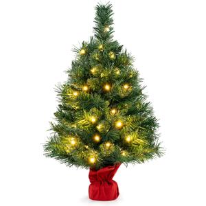 Goplus 2ft Mini Prelit Christmas Tree, Tabletop Battery Operated Small Fir Xmas Tree with 35 Warm White LED Lights, 71 Branch Tips, Red Cloth Bag Cement Base, Fireplace Home Office Holiday Decoration
