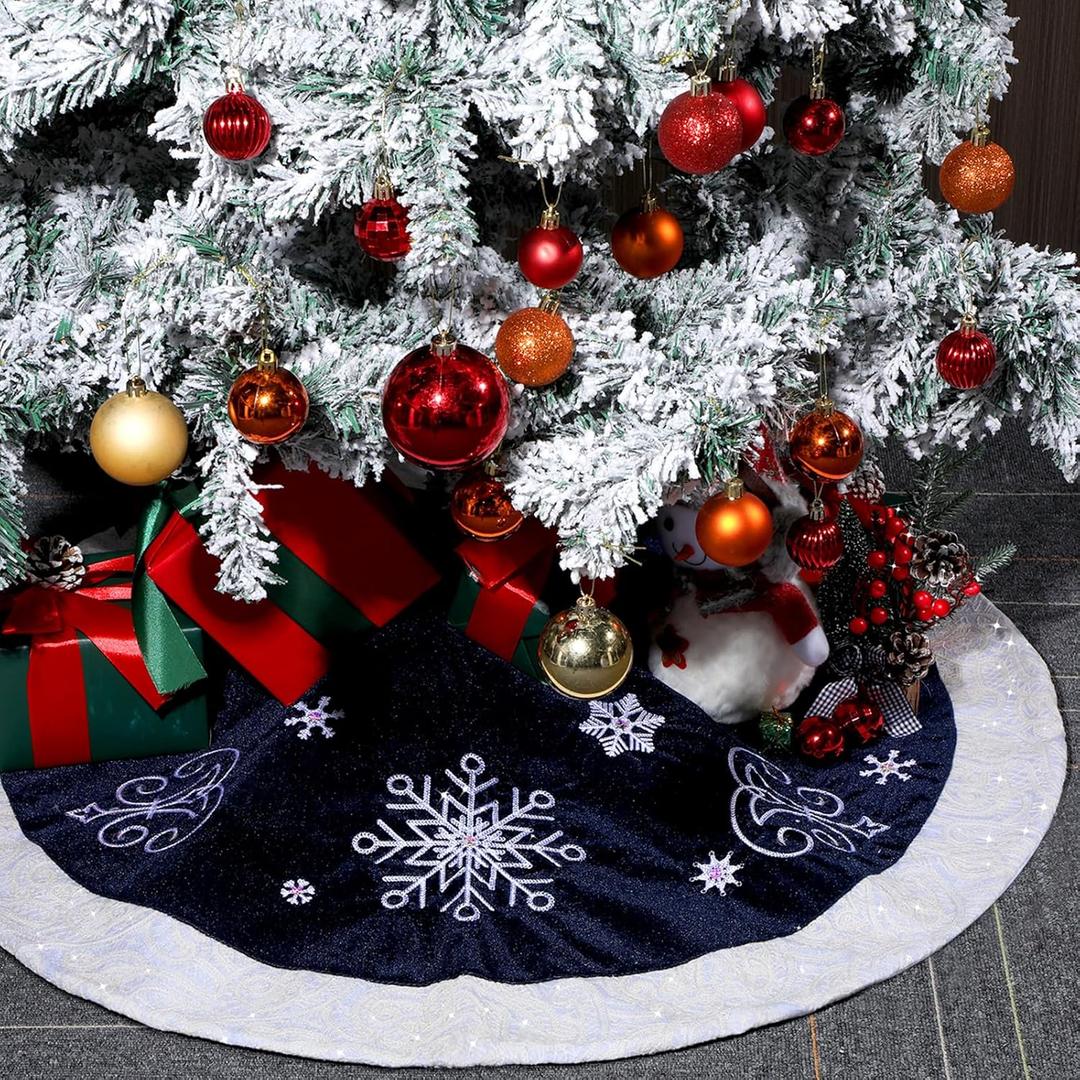48inch Christmas Tree Skirt Navy Blue Luxury Velvet Plush Fur Skirts Snow Sequin Embroidery Tree Skirts with White Lace Trim Decor Xmas Velvet Trees Skirt for Christmas Holiday Party Home Decorations