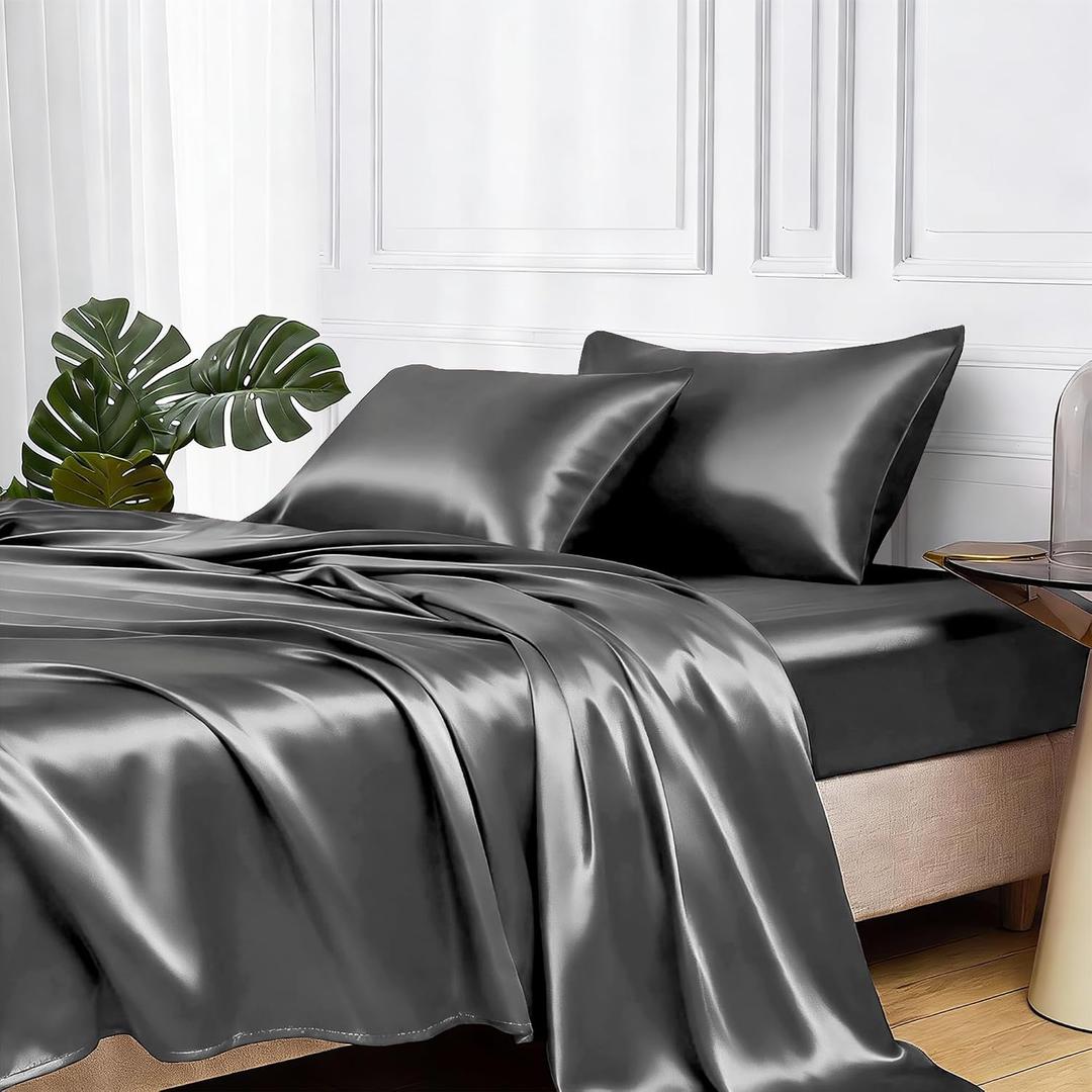 MR&HM Satin Bed Sheets, Sheets Set, 3 Pcs Silky Bedding Set with 15 Inches Deep Pocket for Mattress (Twin XL, Dark Grey)