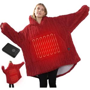 Dowin Heated Wearable Blanket Battery Powered, Come with 5000mAh Portable Rechargeable Charger, Cordless Wireless USB Fannel Sherpa Oversized Hoodie Sweatshirt, Machine Washable, Christmas Red