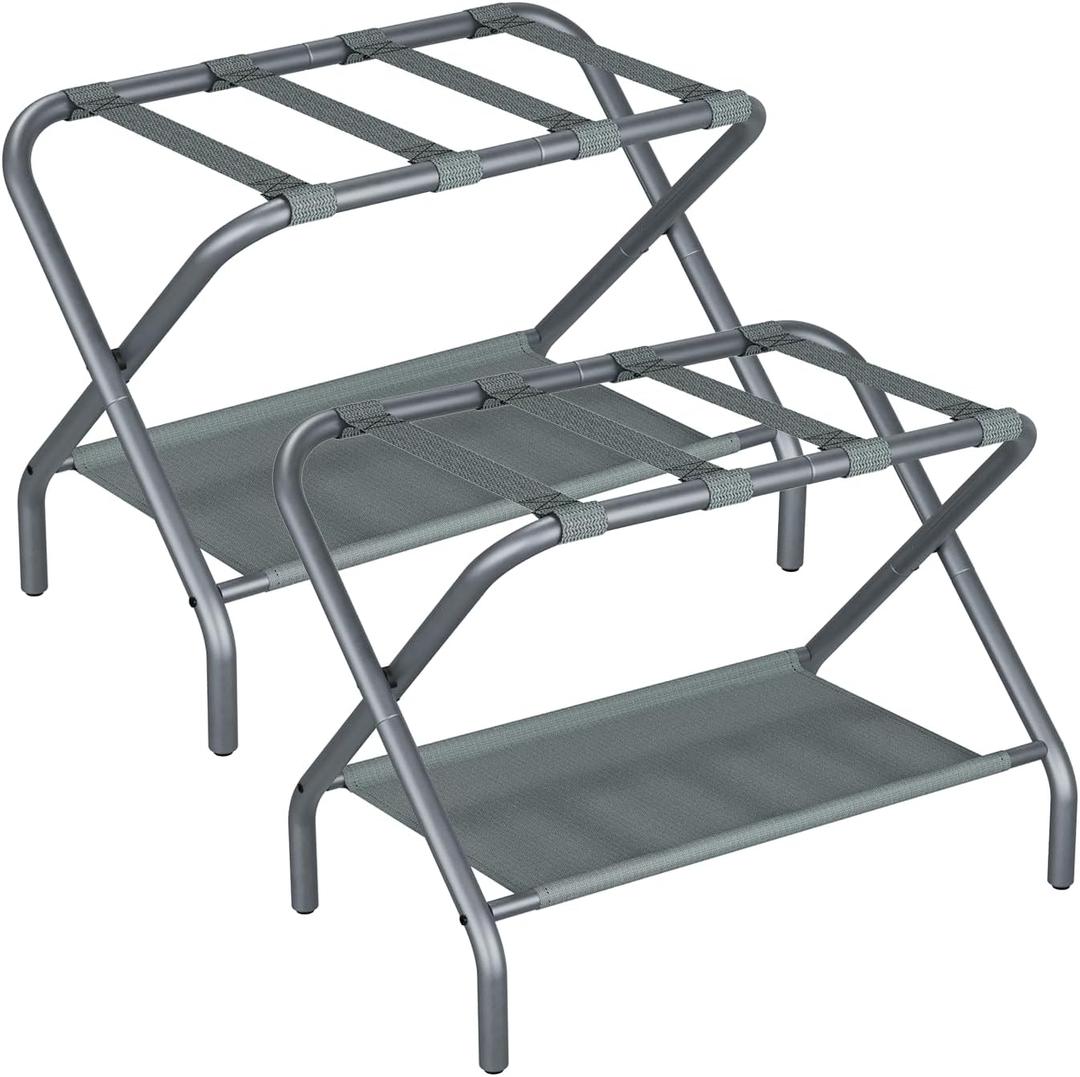 Smuxee Copper Luggage Rack Pack of 2, Foldable Suitcase Stand with Fabric Storage Shelf, Luggage Holder with 4 Nylon Straps for Guest Room Bedroom Hotel