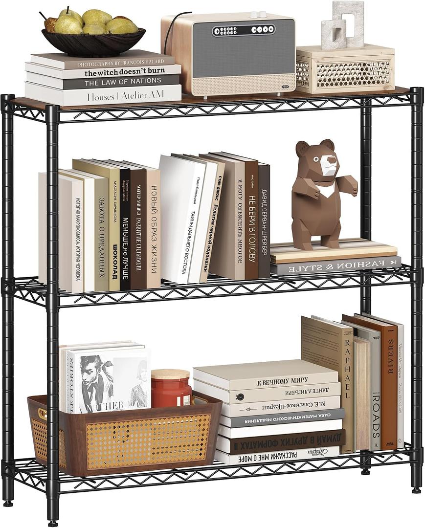 Homeiju 3-Tier Storage Rack, 29.8" Wide Heavy Duty Metal Shelving Unit, Top Tier with Removable Wood Board, 200 lbs Capacity per Shelf, for Pantry, Bathroom, Garage, Entryway, Plant Stand
