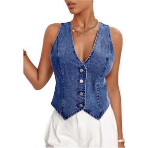 MakeMeChic Women's Jean Vest Top Y2k V Neck Sleeveless Denim Top Single Breasted Crop Jacket Cowboy Chic (Large)