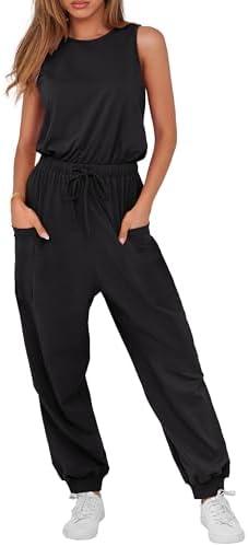ANRABESS Women's Summer Jumpsuits Dressy Casual One Piece Outfits Sleeveless Crewneck Rompers Jumper with Pockets 2025 Trendy, Large Size