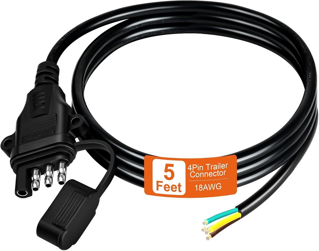 18AWG 5FT 4 Pin Trailer Connector Pure Copper 4 Pin Trailer Wiring Harness Jacketed Cable Heavy Duty Male Extension Wiring Harness 4 Wire 4-Flat Connector 4 Way Flat Plug with Dust Cover