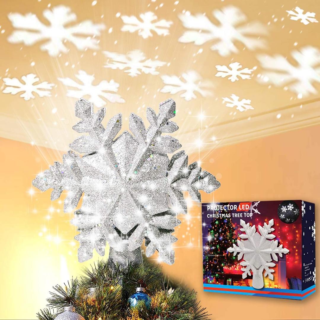 Christmas Tree Topper Lighted with White Snowflake Projector, LED Rotating Snowflake, 3D Glitter Lighted Sliver Snow Tree Topper for Christmas Tree Decorations (Silver-1)