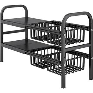 Under Sink Organizers, 2 Tier Stretchable Cabinet Shelf Organizer with 4 Removable Panels and 4 Under Shelf Basket for Under Bathroom Storage,Under Cabinet Shelves,kitchen Sink Storage Rack (black), Large