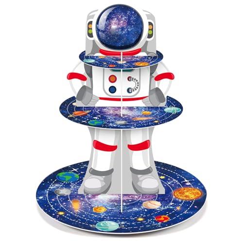 Zopeal Space Astronaut Cupcake Stand Space Themed Birthday Party Decorations 3 Tier Planet Cupcake Holder Cake Stand Decorations Galaxy Spaceman Dessert Tower for Space Shower Party Supplies