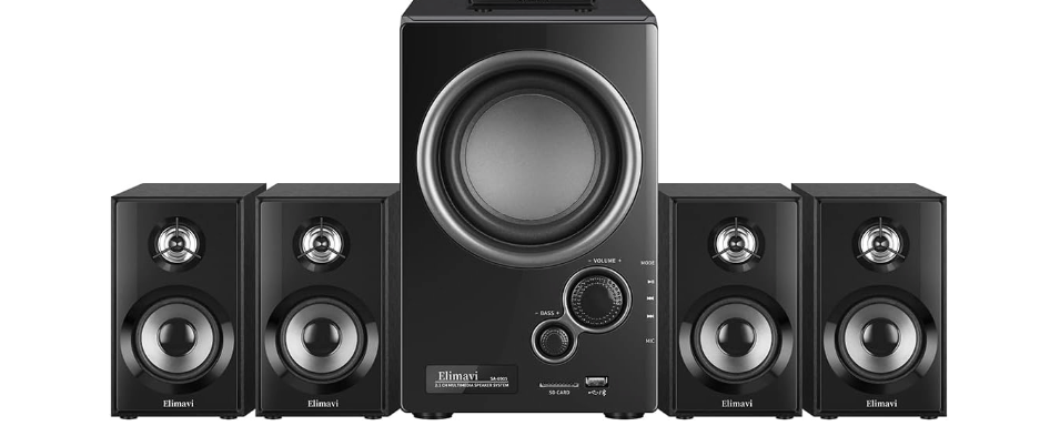 Elimavi 5.1 Surround Sound System with 5.5'' Subwoofer Stereo System for Home with 2.5'' Midrange Home Theater Speakers, Home Speaker System with 3.5-RCA/USB/Wireless/AUX Audio Inputs
