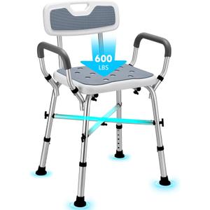 Shower Chair for Inside Shower, 600 lbs Heavy Duty Shower Chair for Elderly and Disabled, Height Adjustable Shower Chair with Arms and Back, Bath Chairs for Seniors, Adults, Handicap (Grey)