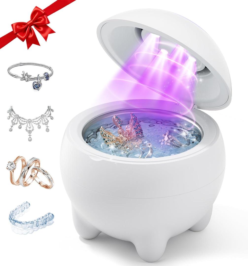 Ultrasonic Jewelry Cleaner Machine, 45KHz Retainer Cleaner Ultrasonic Professional for Dentures, Ring, Earrings Sterling Silver Deep Cleaning with 4 Modes, Timer, Low Noise, 304 Stainless Steel Tank (White)