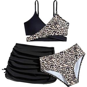 RoseSeek Girls 3 Piece Bikini Set with Ruched Skirt Cheetah Print Wrap Swimsuit Cute Bathing Suit Beachwear (Black)