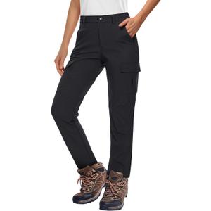 MAGCOMSEN Women's Fleece Lined Winter Hiking Waterproof Insulated Outdoor Snow Ski Softshell Pants for Cold Weather (Black)