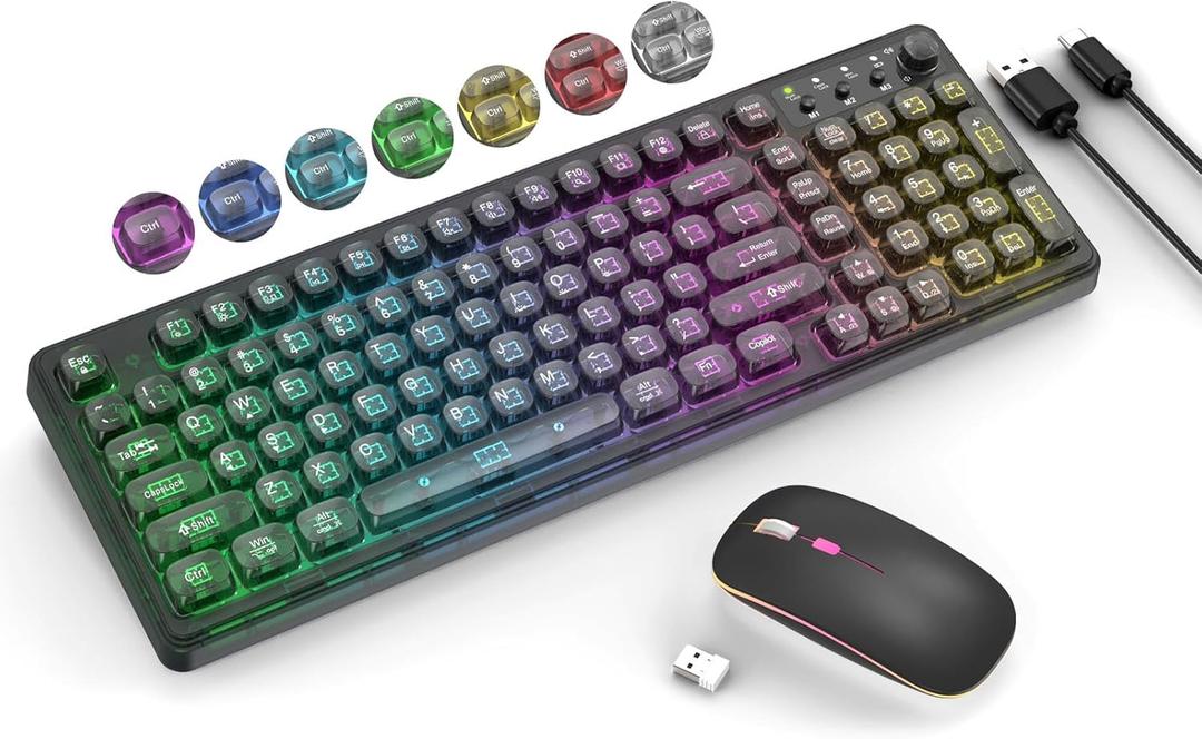 Black Light Up Keyboard and Mouse Wireless,Cute 2.4Ghz Cordless Rechargeable Transparent Backlit Keyboard,15 Backlight Effects,Volume Knob,RGB Mouse with 3 DPI for Mac Computer PC Laptop Desktop iPad (Black Wireless Backlit Transparent Keyboard Mouse)