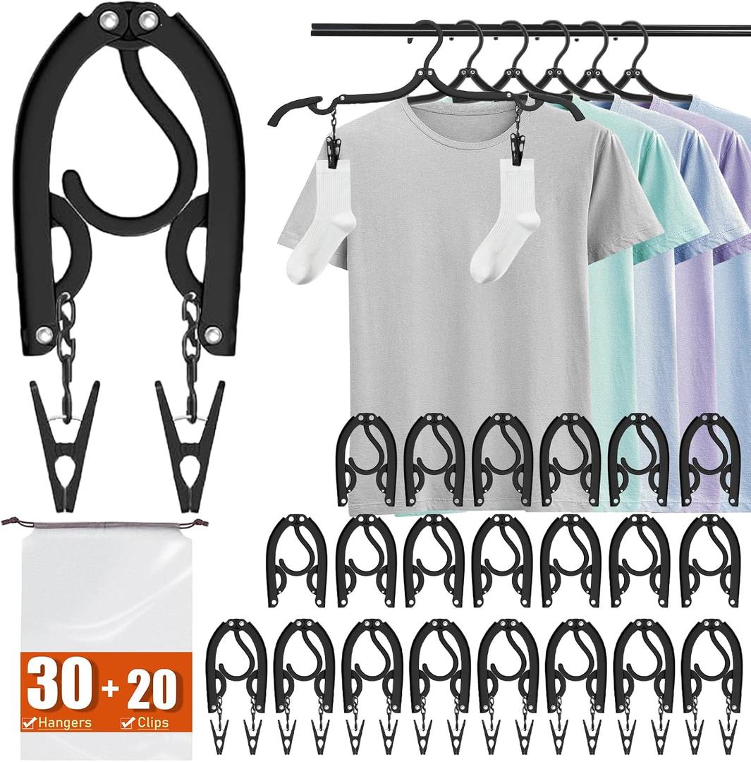 30 Pack Foldable Travel Hangers with 20 Clips - Cruise Essentials 2025 Lightweight Portable Collapsible Plastic Hangers Travel Must Haves for Suitcase, Flying, Camping, Hotel, RV