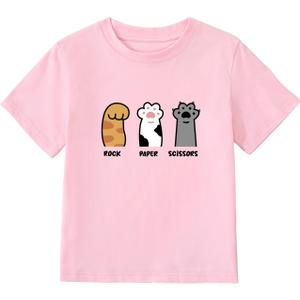 Girl's Rock Paper Scissors Cute Paw Funny Cat T-Shirt Pink (15Y