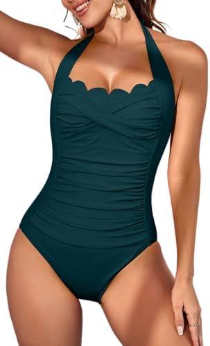 Eomenie Women One Piece Tummy Control Swimsuit Halter Scallop Trim Bathing Suits 1 Piece Vintage Ruched Slimming Swimwear, size Large