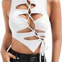 OYOANGLE Women's Cut Out Lace Up Round Neck Tie Front Asymmetrical Hem Crop Tank Top, Smal